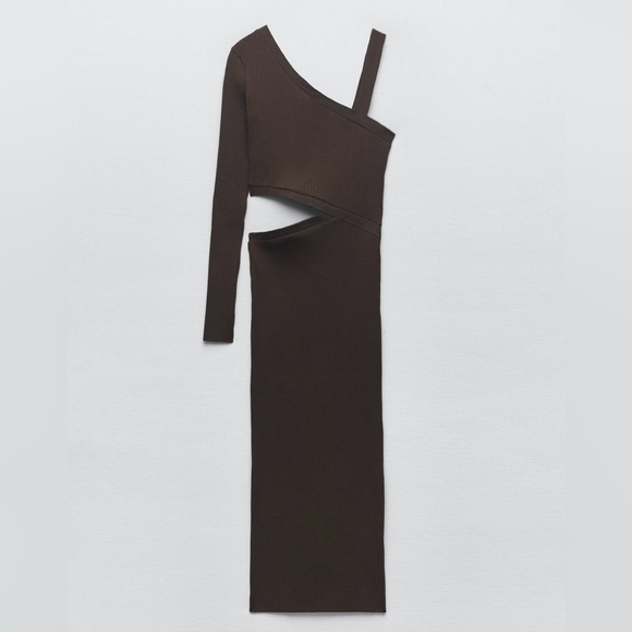 Zara Dresses & Skirts - ZAR Brown One-Shoulder Ribbed Midi Dress